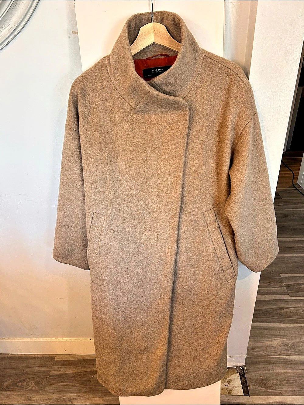 Zara Basic Oversized Funnel Neck Wool-Blend Coat - Camel / Beige - Size L